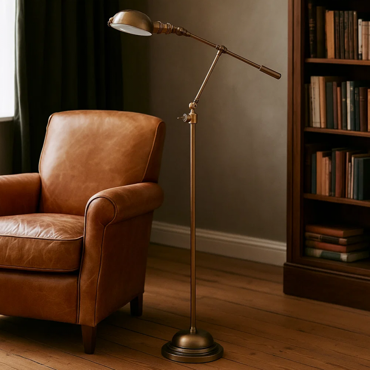 Stehlampe mit Wippschalter in antiker Messingfarbe