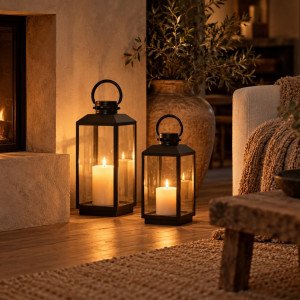 Stilvolles Windlicht Newport Schwarz - 1x M & 1x L Set