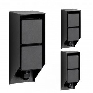 Set von 3 schwarzen Gartensteckdosen für den Außenbereich mit praktischem Erdspieß und zwei Stromanschlüssen.