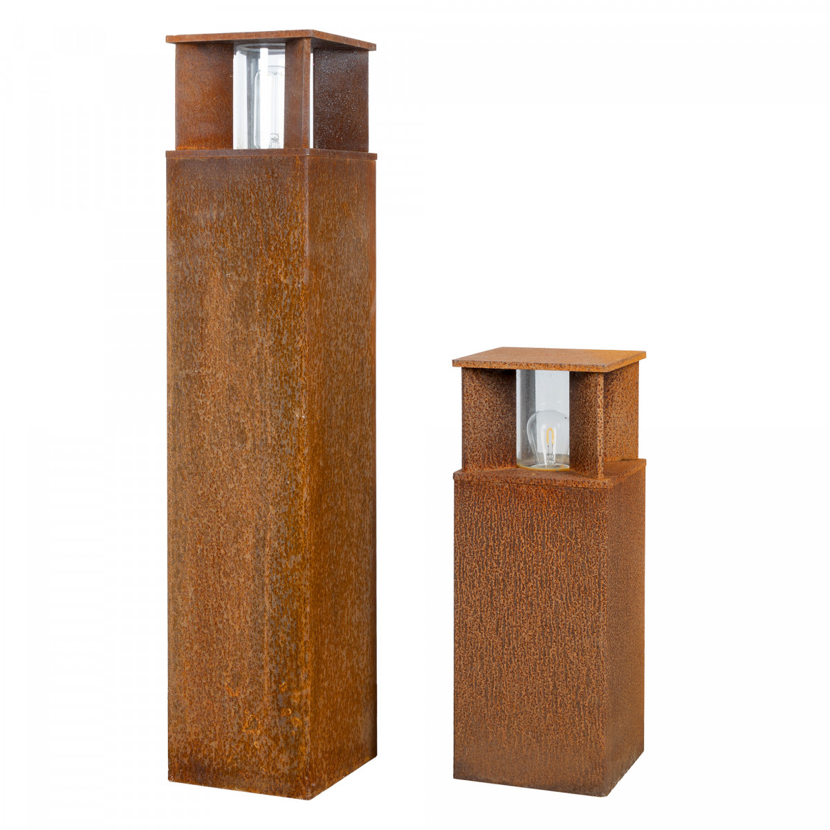 Robuste quadratische Gartenlampe aus Cortenstahl braun Cortenstahl Glasfenster Außenlampe.