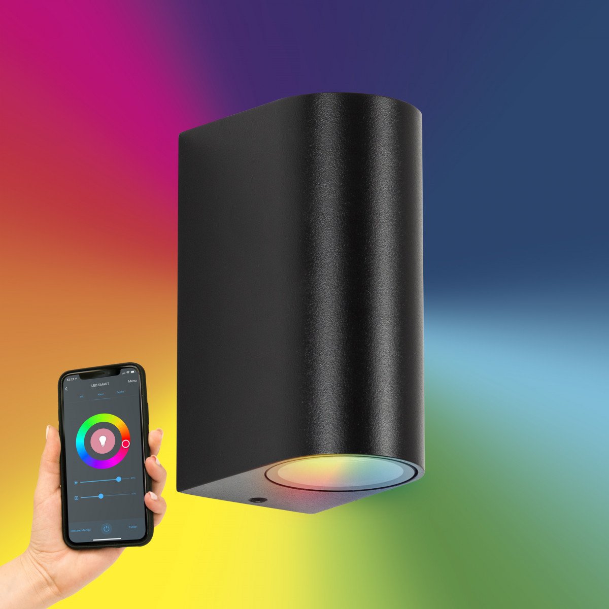 Wandspot Flash Schwarz Up & Downlighter mit smart WIFI Leuchtmitteln 