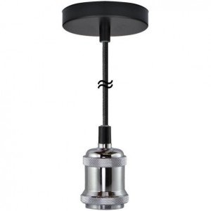 Eine silberfarbene Pendelleuchte mit schwarzer Verkabelung E27