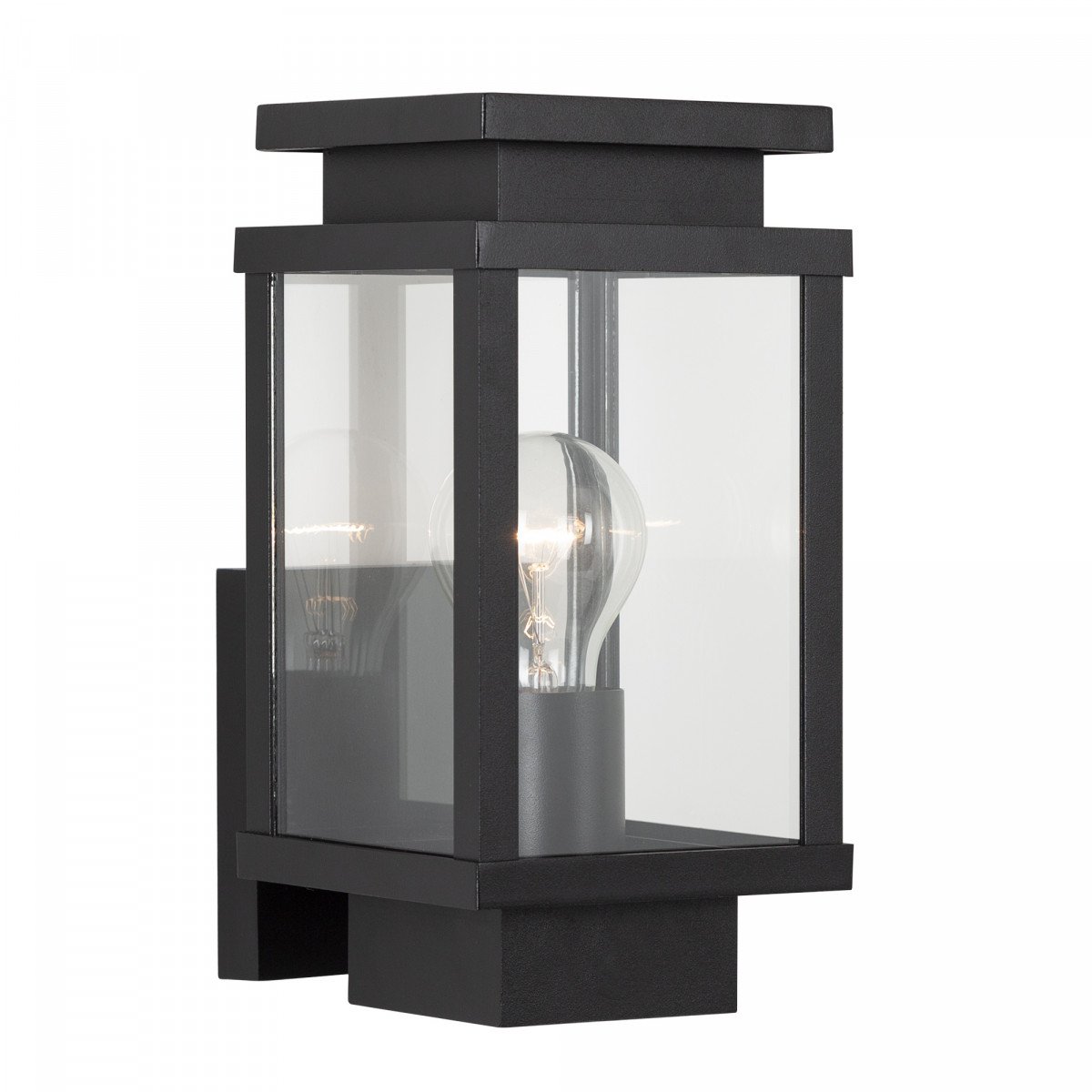 Schwarze Wandlampe mit quadratischer Form und Fenstern mit echtem Glas